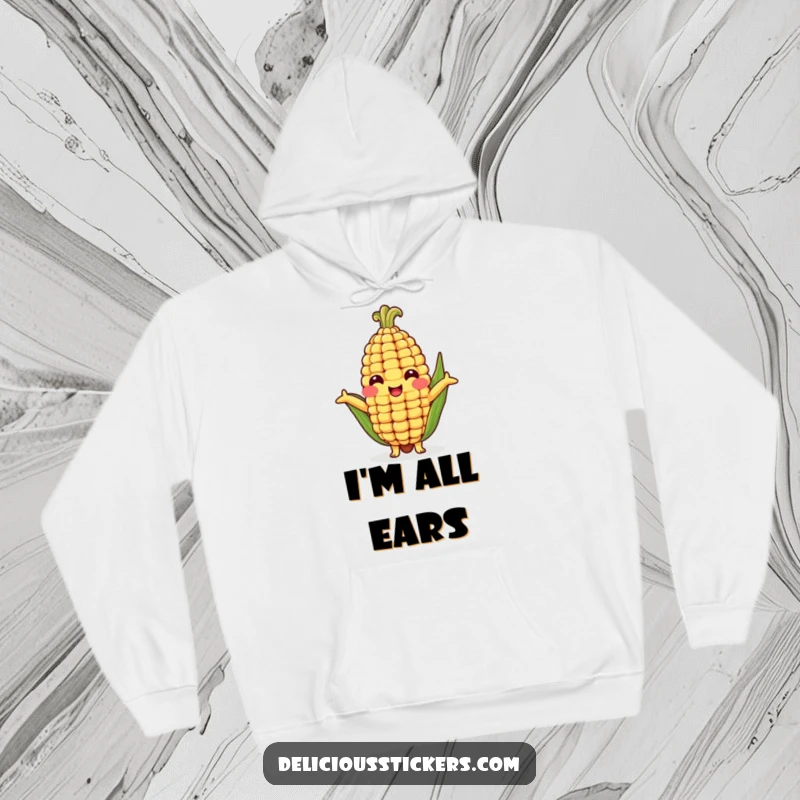 Funny hoodie featuring a friendly corn cob character with arms reaching out for a comforting, humorous hug, perfect for cozying up.