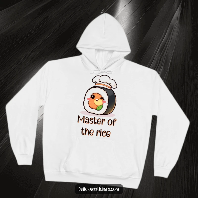 Funny sushi roll hoodie, winking in a chef hat, a cozy cartoon character for a humorous gift.