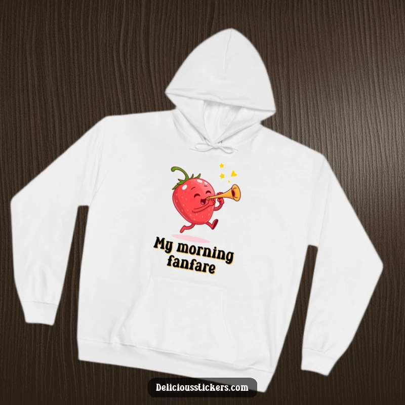 Funny hoodie featuring a happy, jumping strawberry character playing a small trumpet, bringing musical joy.