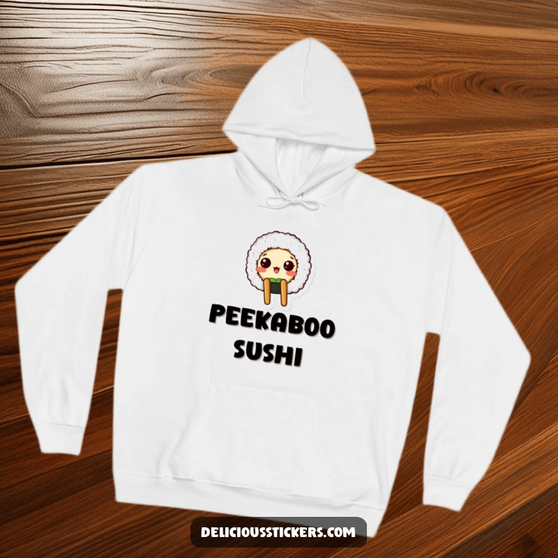 Funny hoodie with a surprised sushi roll character peeking out from a chopstick holder, perfect for sushi fans.