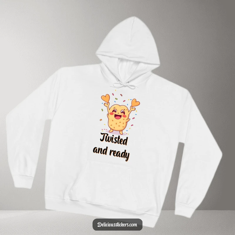 Funny pretzel hoodie featuring a happy character joyfully throwing confetti, perfect for cozy, humorous occasions.