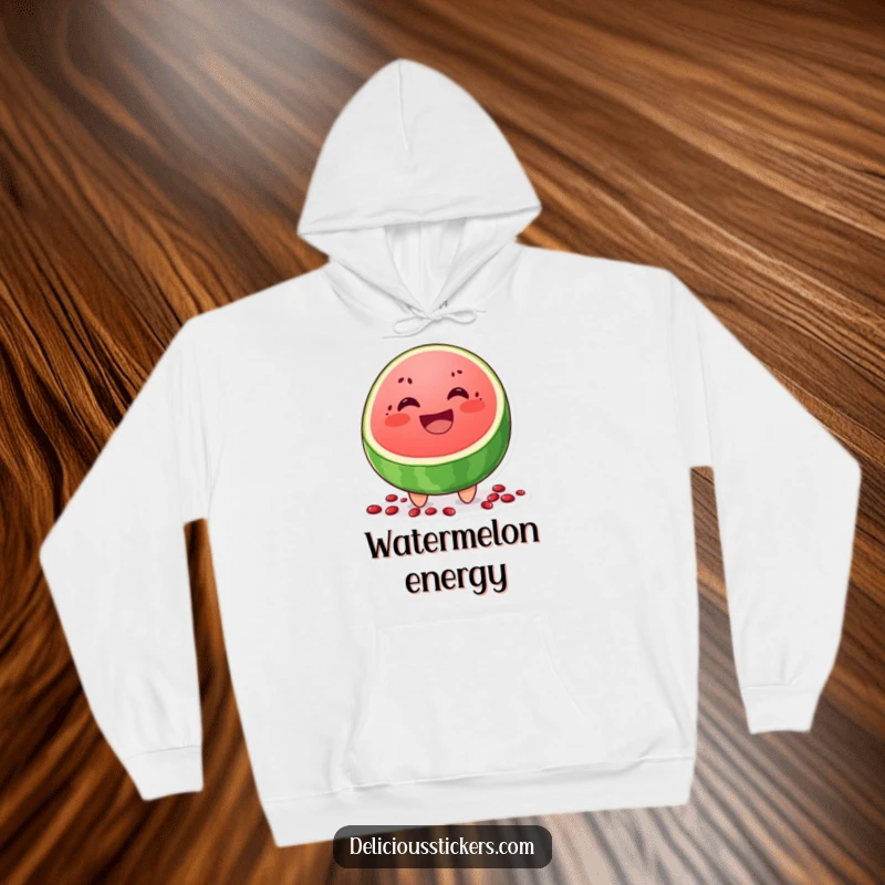 Funny hoodie depicting a cheerful watermelon slice character grinning, with seeds scattered below, perfect for cozying up.