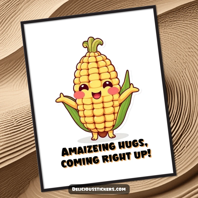 Funny Free Printable Wall Art featuring a cute corn cob character with open arms, radiating warmth and a desire for a hug.