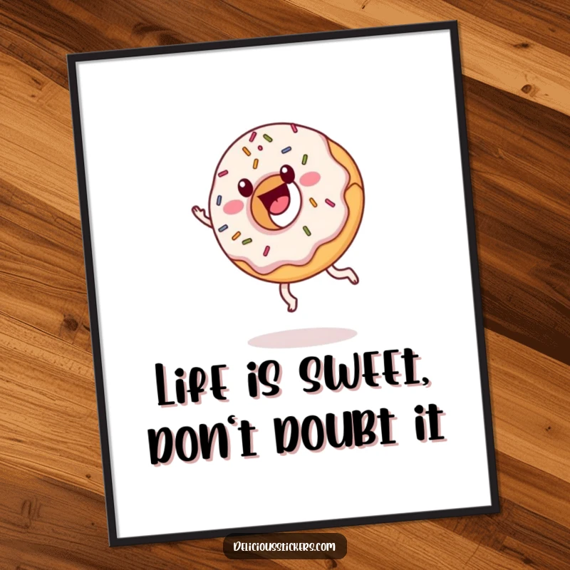 Funny free printable wall art of a delighted donut with sprinkles mid-cartwheel, a playful and sweet addition.