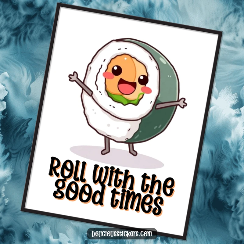 Funny free printable wall art of a smiling sushi roll character with tiny legs enthusiastically doing a cartwheel, a playful sight.