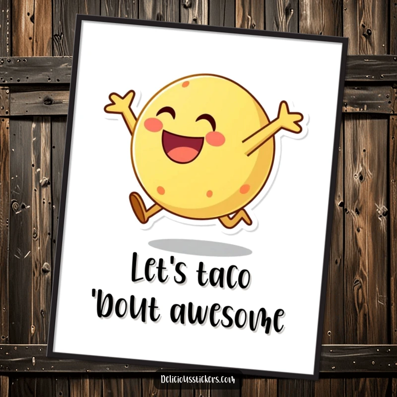 Funny free printable wall art of a round, ecstatic taco character leaping forward with wide arms, radiating happiness.