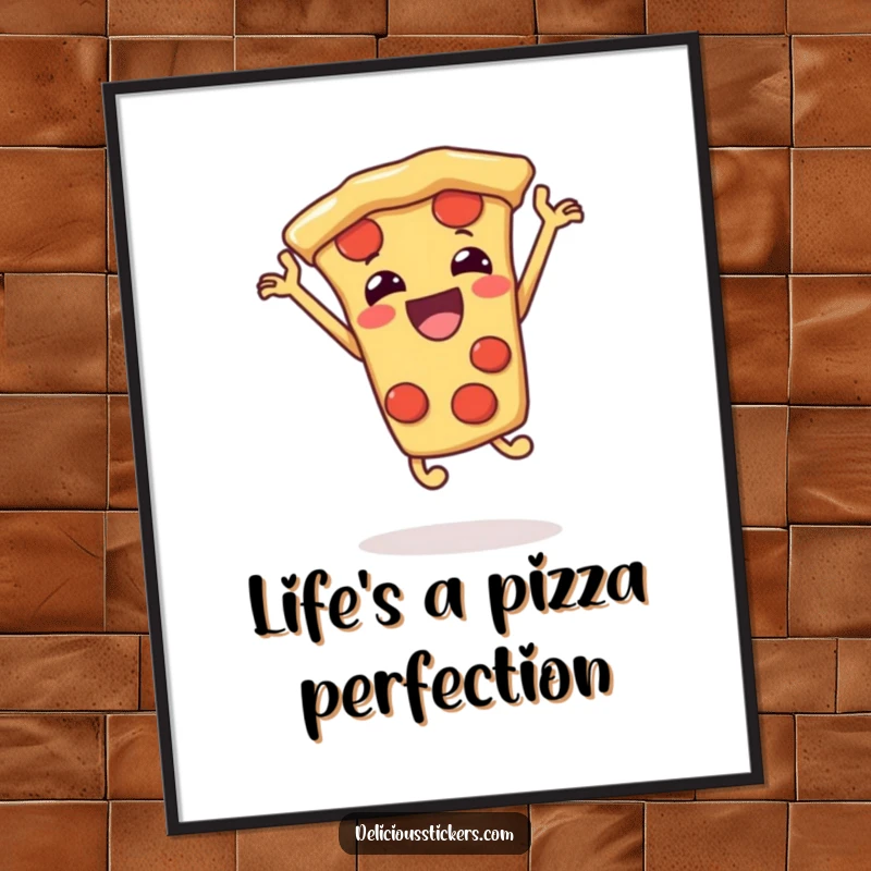 Funny free printable wall art of a pizza slice caught mid-jump, radiating pure joy and delight.