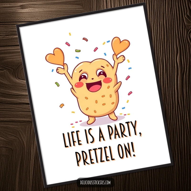Funny free printable wall art of a cheesy pretzel character with a huge grin throwing confetti, perfect for quirky home decor.