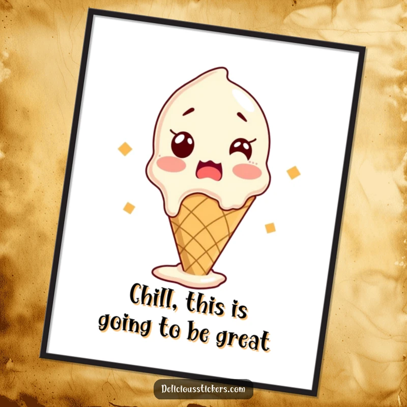 Funny Free Printable Wall Art: An ice cream cone is depicted melting slightly, wide-eyed with sheer excitement.