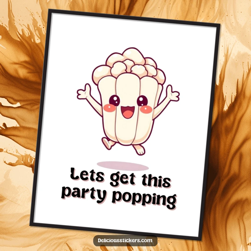 Funny Free Printable Wall Art: Delighted popcorn kernel jumps with excitement, a humorous downloadable piece for any space.