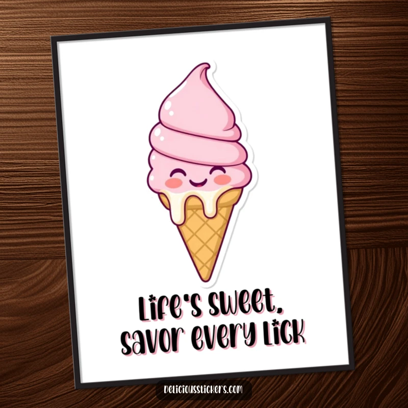 Funny Free Printable Wall Art: An ice cream cone character melting happily, radiating pure joy and sweetness.
