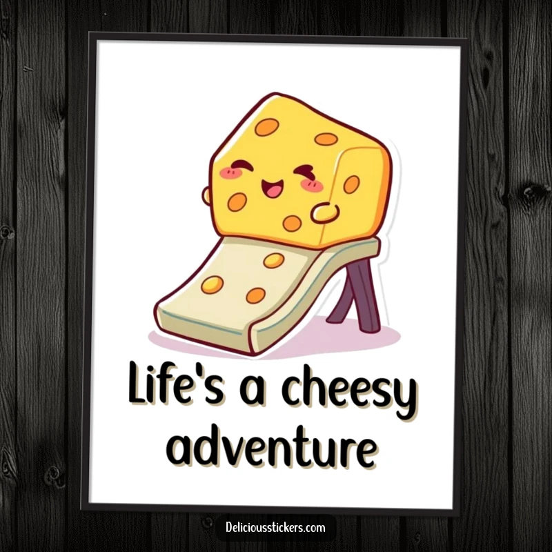 Funny Free Printable Wall Art: A winking piece of cheese joyfully slides down a ramp, bringing cheesy humor to your walls.
