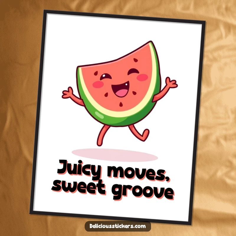 Funny free printable wall art of a happy watermelon slice caught mid-silly dance, radiating pure, unadulterated joy.