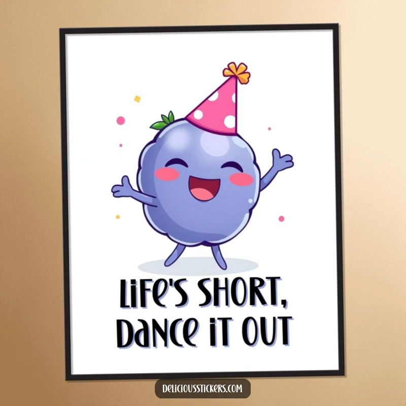 Funny Free Printable Wall Art: A laughing blueberry character wearing a party hat, dancing energetically.
