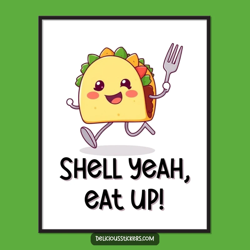 Funny Free Printable Wall Art: Amused Taco Running With Utensils Downloadable Decor