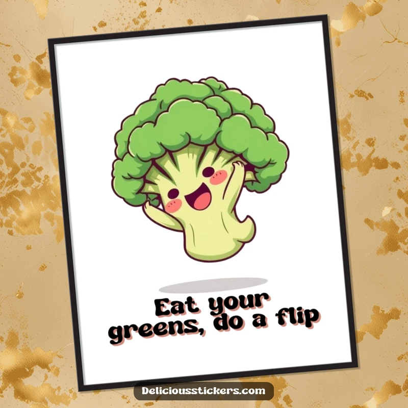 Funny free printable wall art depicting a playful broccoli floret character doing a dynamic somersault, adding quirky charm.