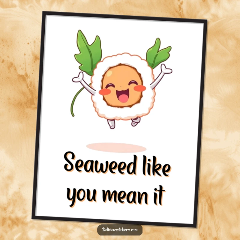 Funny Free Printable Wall Art: A sushi roll with seaweed wings leaps joyfully, creating a playful scene.