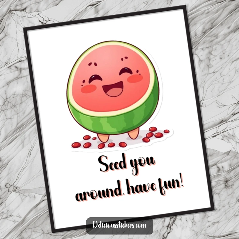 Funny Free Printable Wall Art: A cheerful watermelon slice character grins widely, with scattered seeds adding to the humor.