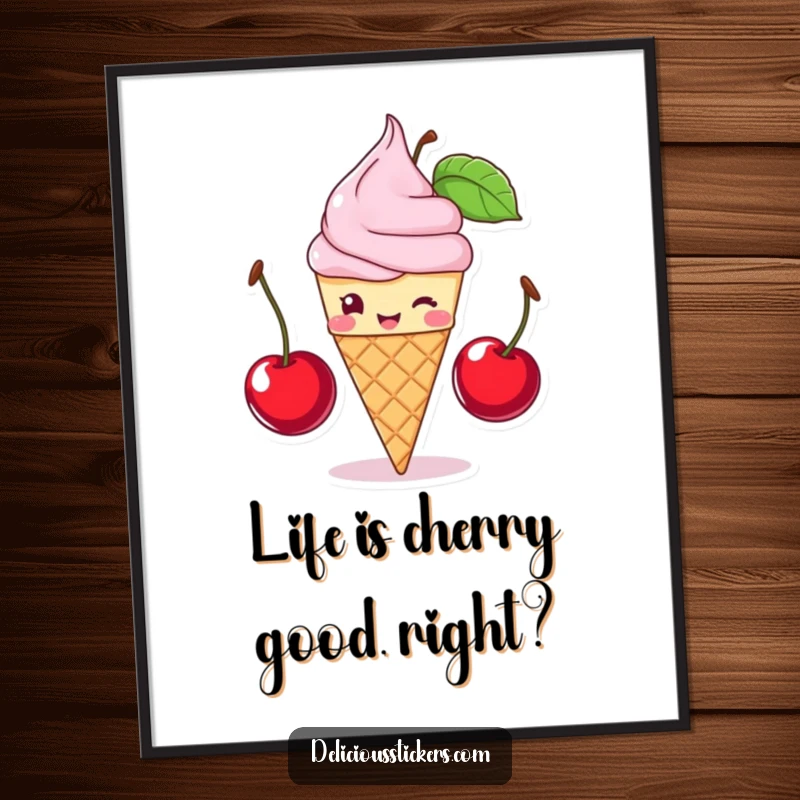 Funny Free Printable Wall Art: A winking ice cream cone character expertly balances two cherries, adding a playful touch.
