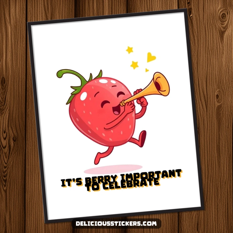 Funny Free Printable Wall Art: A dynamic strawberry character jumping with joy while playing a tiny, bright trumpet.