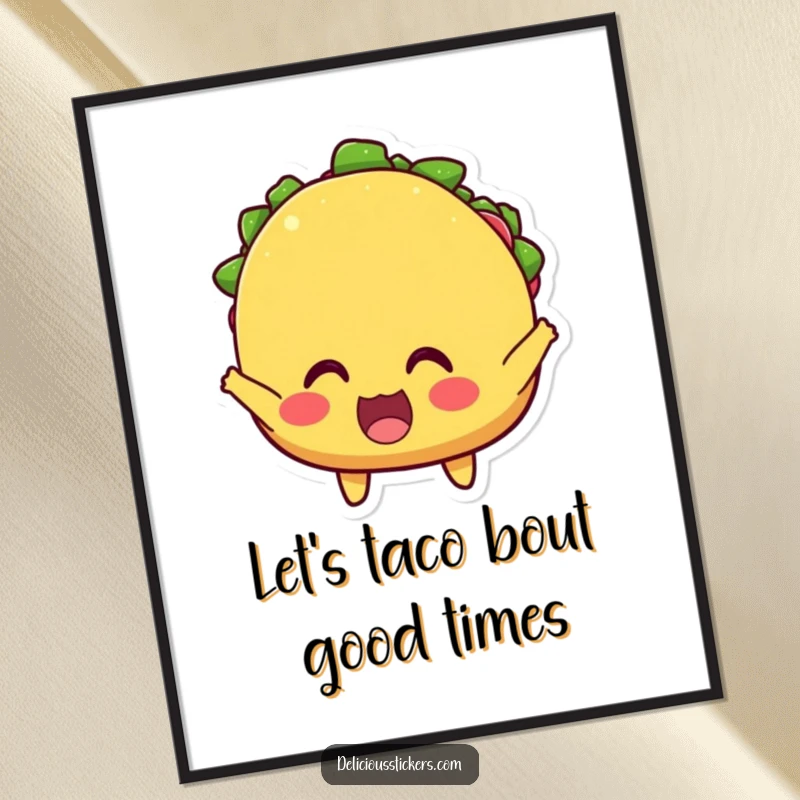 Funny Free Printable Wall Art: A cheerful taco with wide, excited eyes is captured cheering loudly, full of zest.