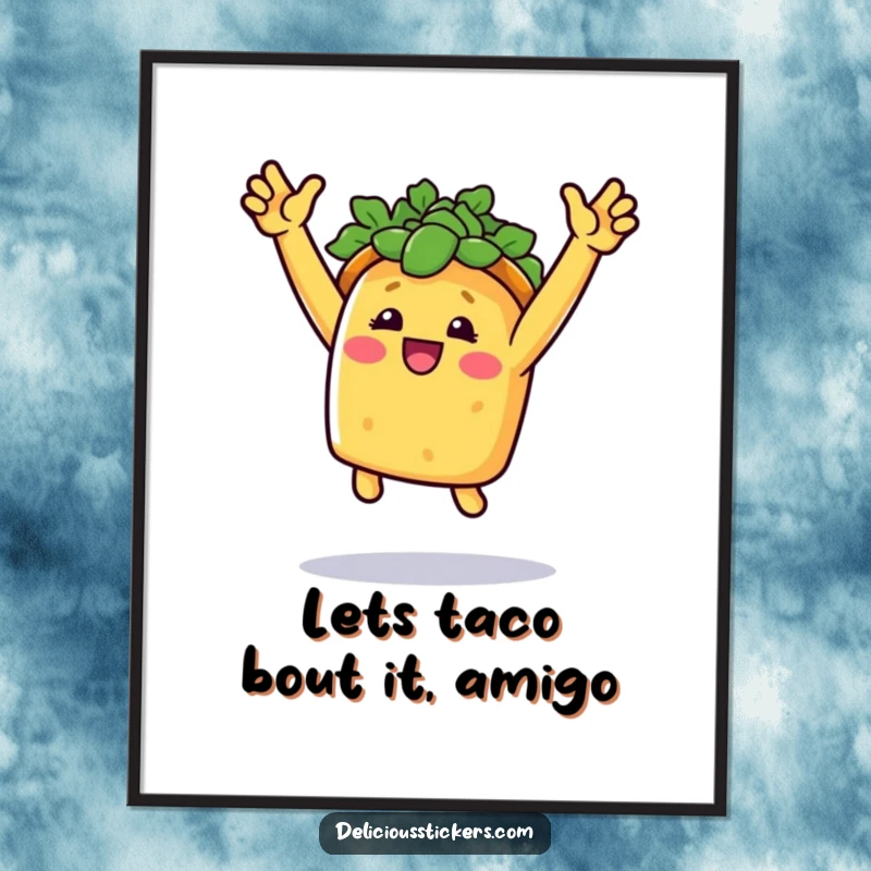 Funny Free Printable Wall Art: Smiling taco in mid-air jump, radiating pure joy and celebration.