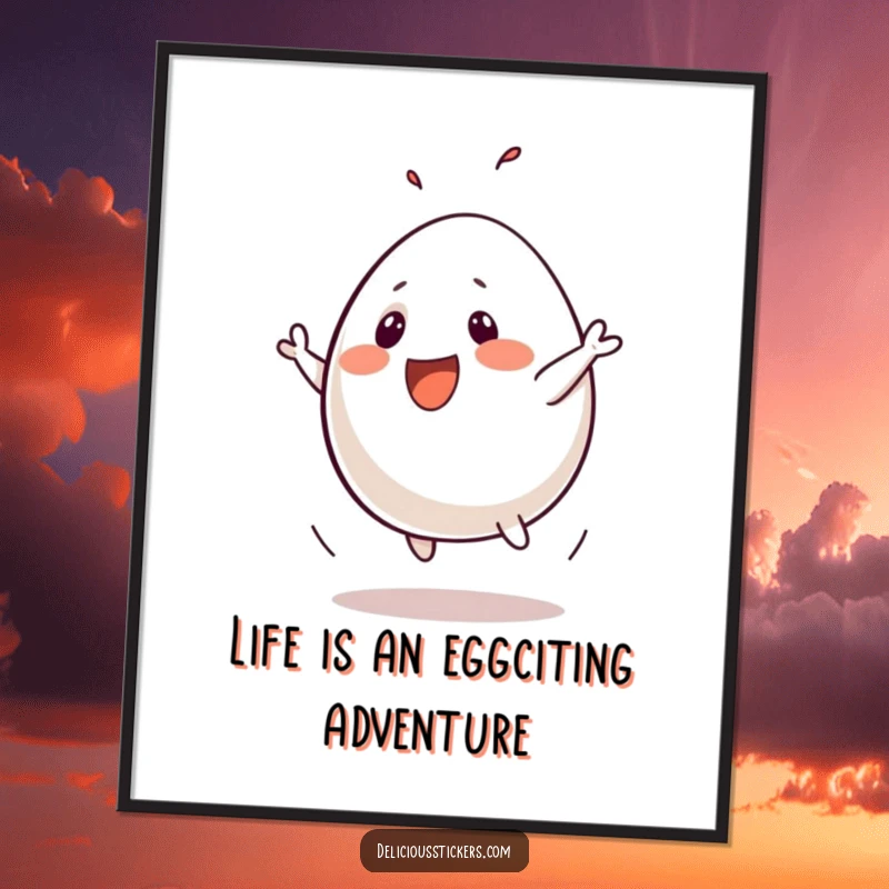 Funny Free Printable Wall Art: An anthropomorphic egg performs a comically silly flip, full of joy and energy.