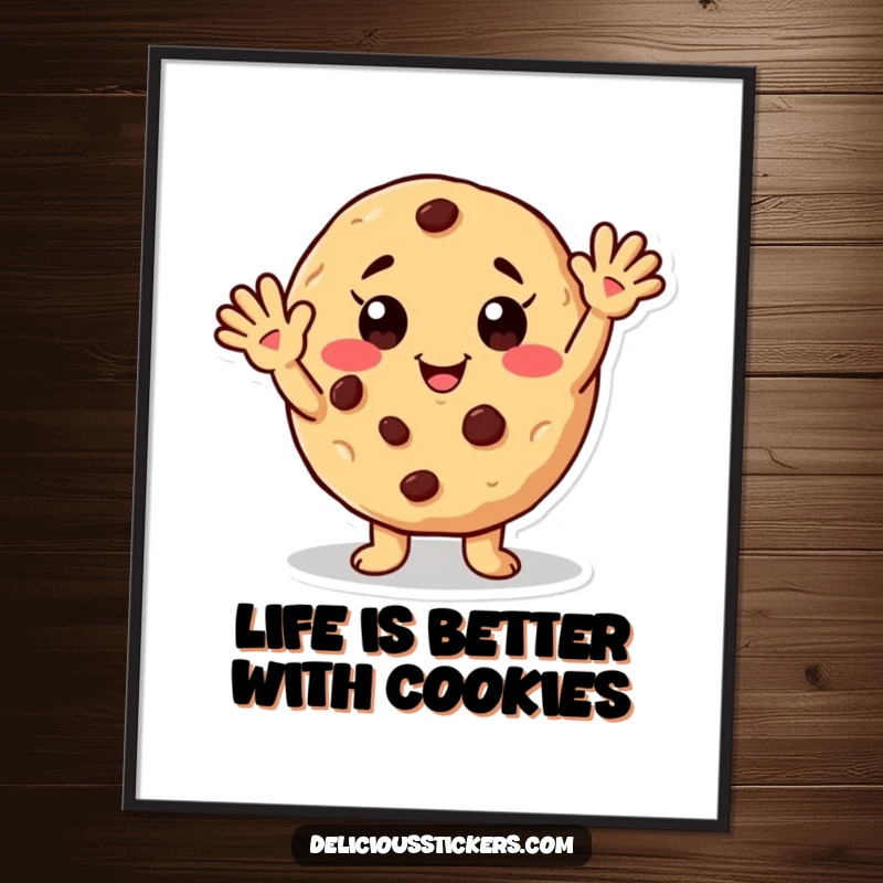 Funny Free Printable Wall Art: Cookie with chocolate chip freckles waves hello, a humorous downloadable piece for any room.