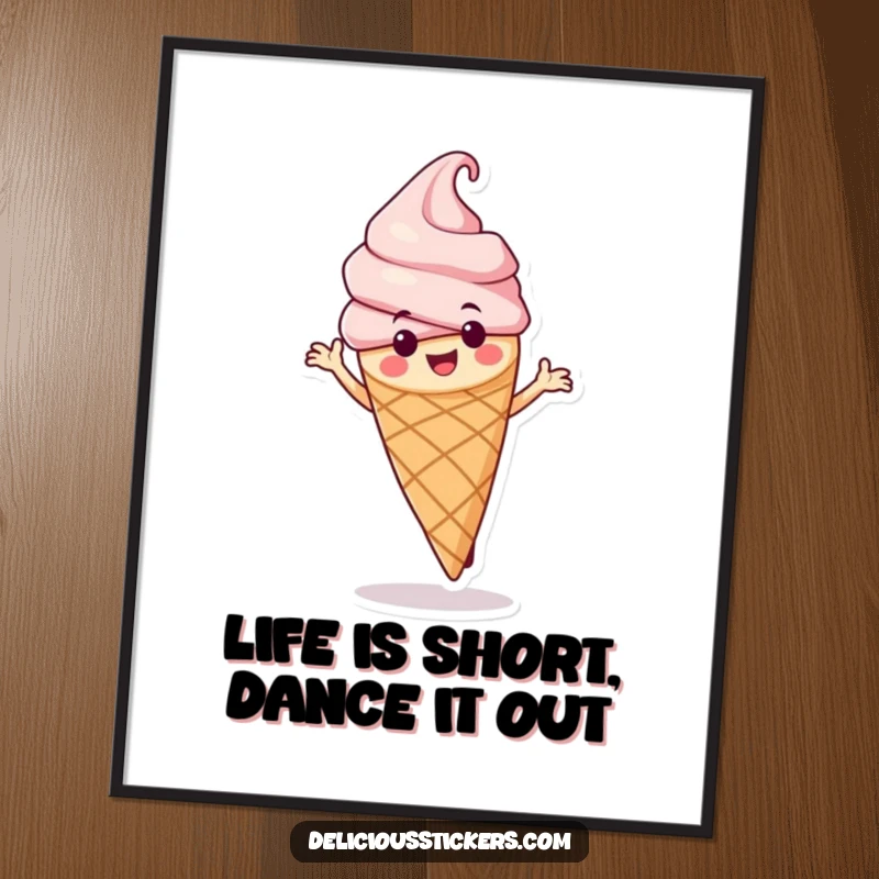 Funny Free Printable Wall Art: A Whimsical Ice Cream Cone in a Dynamic Dancing Pose, Full of Energy