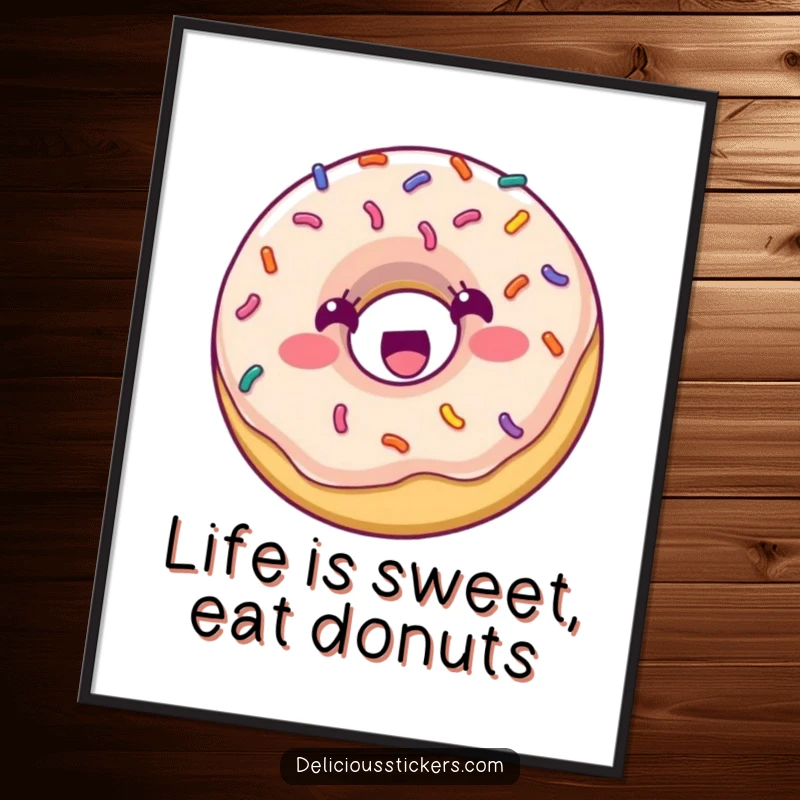 Funny Free Printable Wall Art: A happy donut covered in sprinkles, bouncing excitedly with pure, infectious joy.