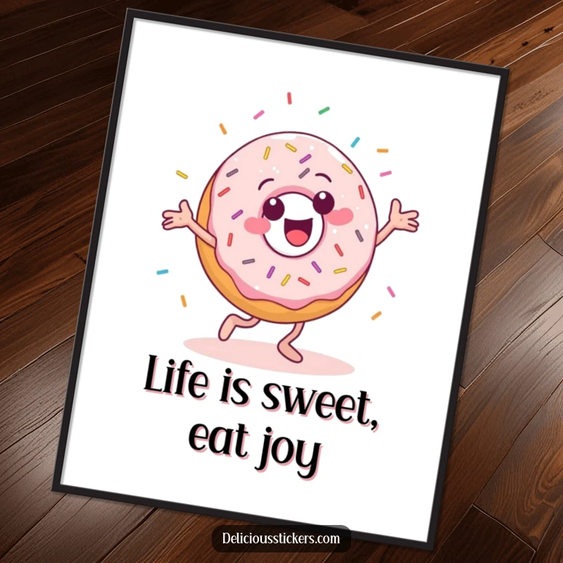 Funny Free Printable Wall Art: A cheerful donut character dances with sprinkles flying, creating a festive atmosphere.