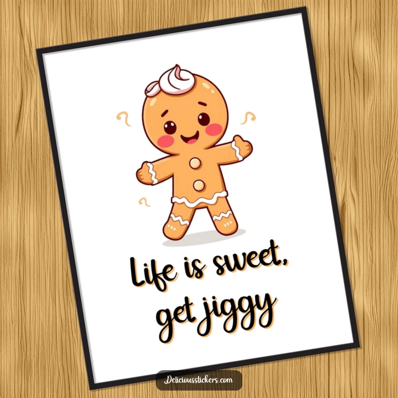 Funny Free Printable Wall Art: A happy gingerbread man with frosting swirls performing a lively dance, bringing cheer.