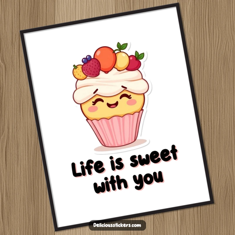 Funny Free Printable Wall Art: Giggling cupcake wears a fruit crown, a humorous downloadable piece for cheerful decor.