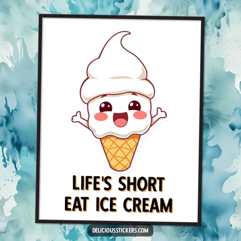 Funny Free Printable Wall Art: An excited ice cream cone character sporting a cone hat, creating a fun and sweet decorative element.