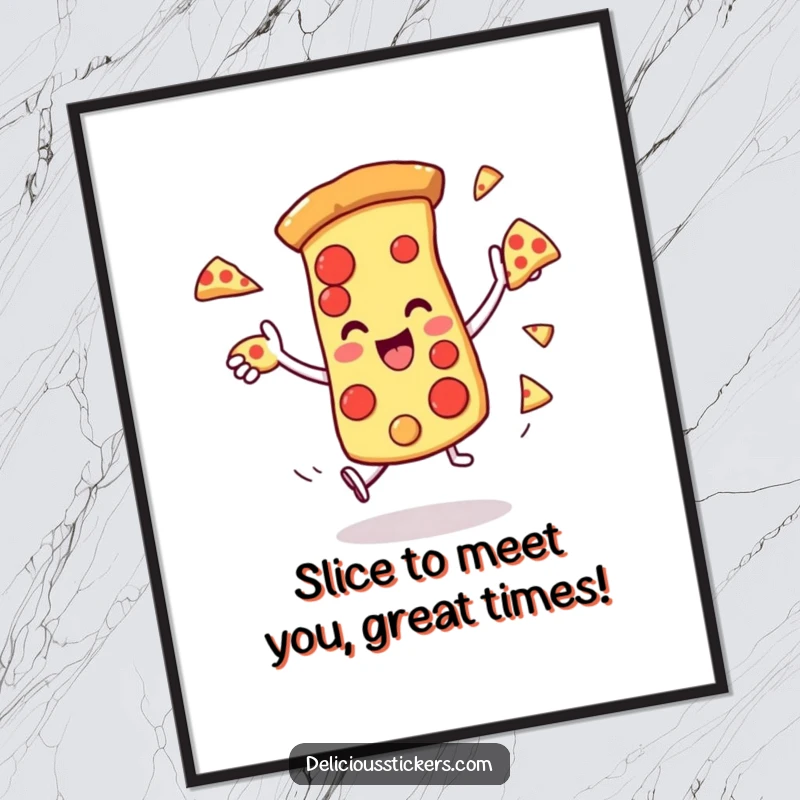 Funny Free Printable Wall Art: A pizza slice character comically juggles smaller slices of itself with playful energy.