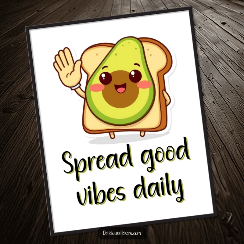 Funny Free Printable Avocado Toast Wall Art of a smiling character giving a high five, trendy and humorous kitchen art.