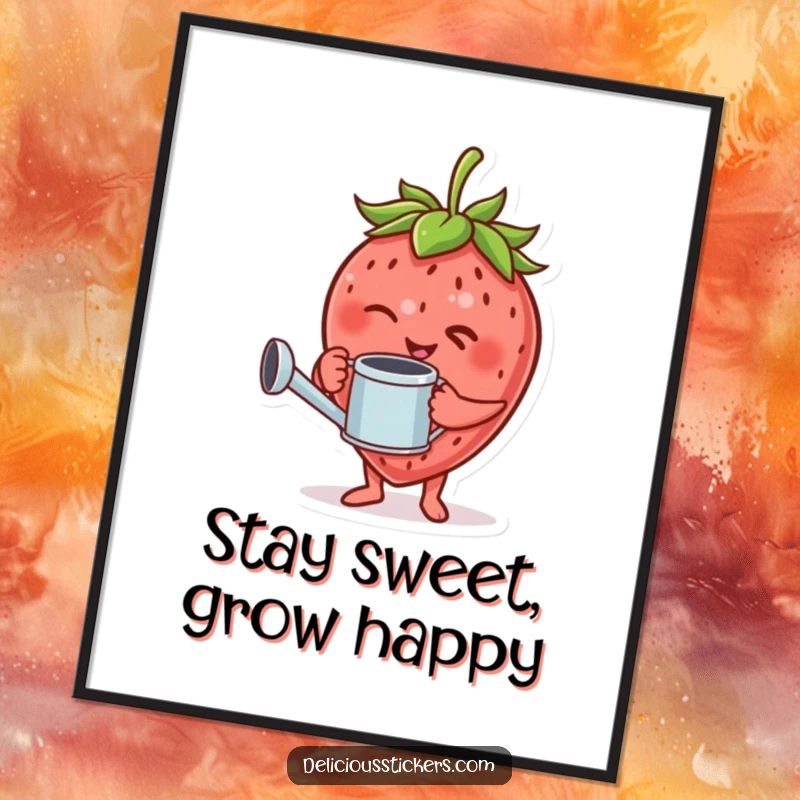 Funny Free Printable Wall Art: A giggling strawberry character holds a tiny watering can and gives a fun wink.