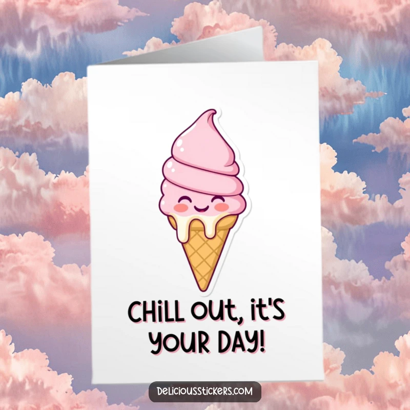 Funny Free Printable Birthday Card: Melting ice cream cone character beaming with pure, sweet joy, conveying birthday happiness.