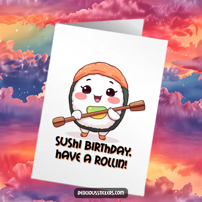 Funny Free Printable Birthday Card: Joyful sushi character balances tiny paddle on nose, celebrating a birthday with skill.