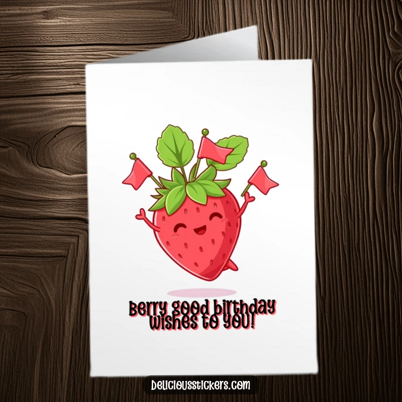 Funny Free Printable Birthday Card: A cheerful strawberry joyfully juggles its leaves like tiny flags, ready to celebrate.