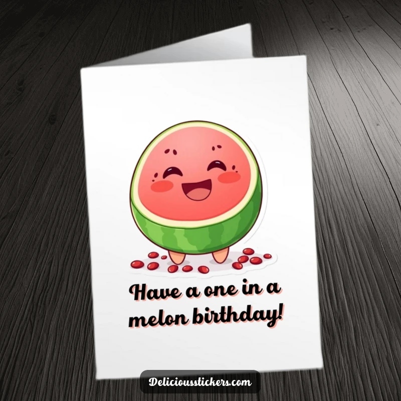 Funny Free Printable Birthday Card: A cheerful watermelon slice character grins widely, with seeds scattered below.