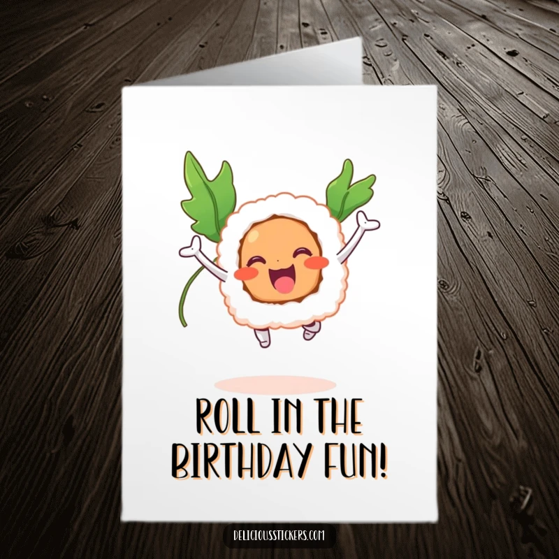 Funny Free Printable Birthday Card: A smiling sushi roll with seaweed wings joyfully jumps high in the air.