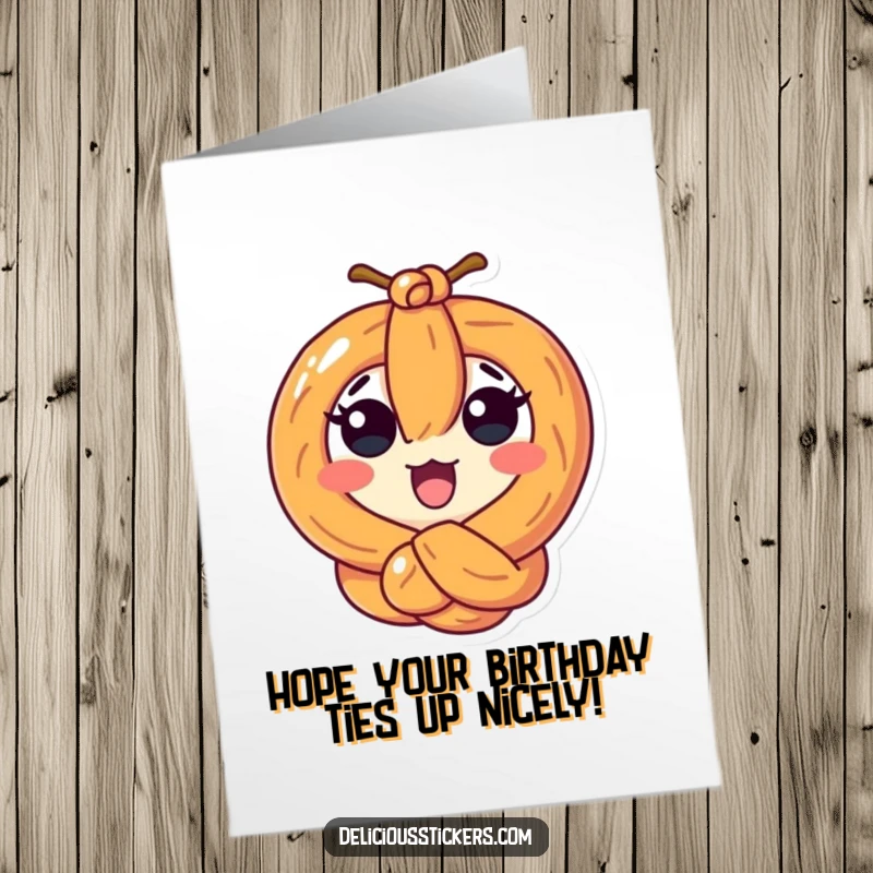 Funny Free Printable Birthday Card: A surprised pretzel character is humorously tied up in a tight knot.