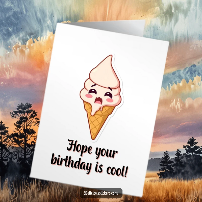 Funny Free Printable Birthday Card: An ice cream cone looks shocked, melting slightly from pure birthday excitement, sprinkles flying.