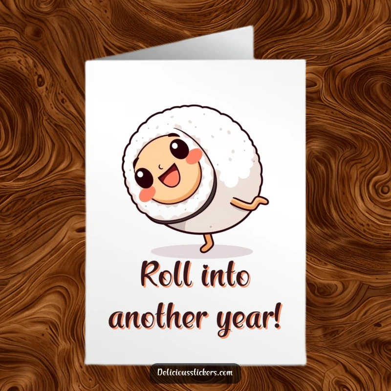 Funny Free Printable Birthday Card: A cheerful sushi roll with legs happily cartwheeling, celebrating a special day.
