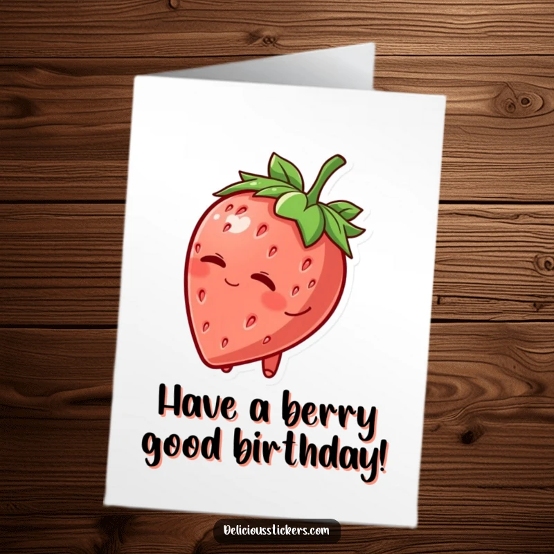 Funny Free Printable Birthday Card: A cheerful strawberry character tipping its leafy hat and giving a playful wink.