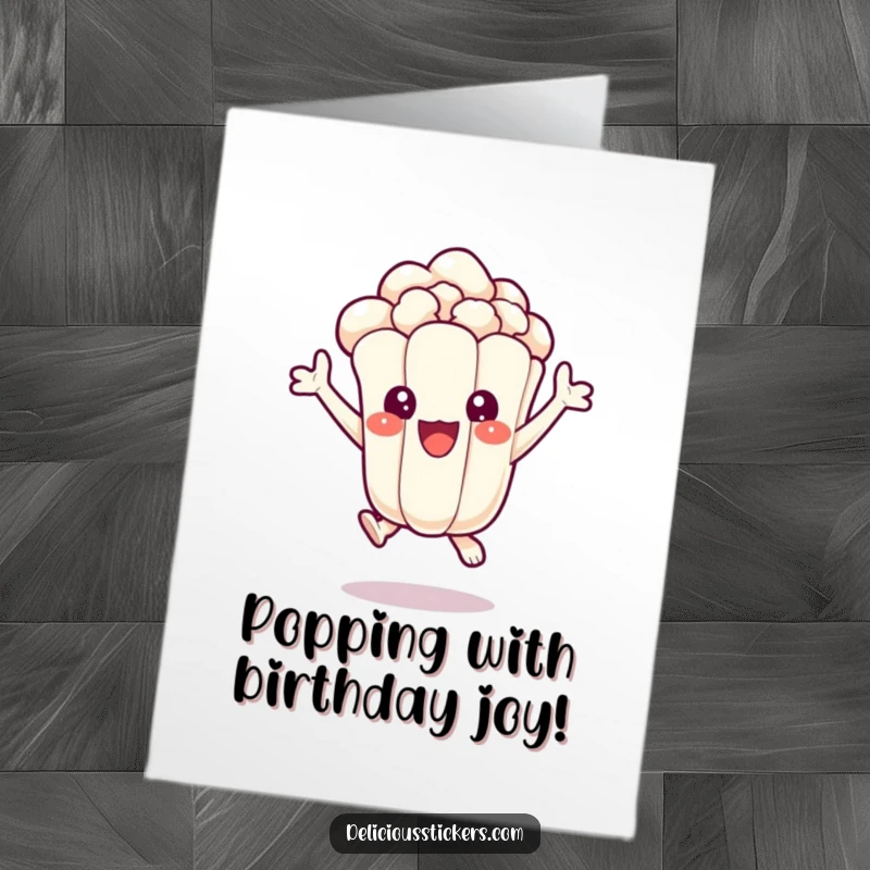 Funny Free Printable Birthday Card: Delighted popcorn kernel jumps with excitement, a humorous downloadable gift.