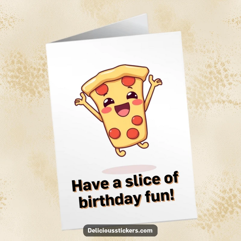 Funny free printable birthday card depicting a joyful pizza slice mid-air, jumping with pure delight.