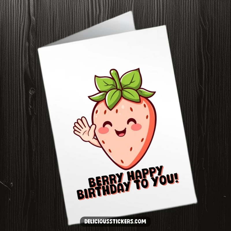 Funny Free Printable Birthday Card with a happy strawberry character waving cheerfully, its leafy hair adding to its charm.