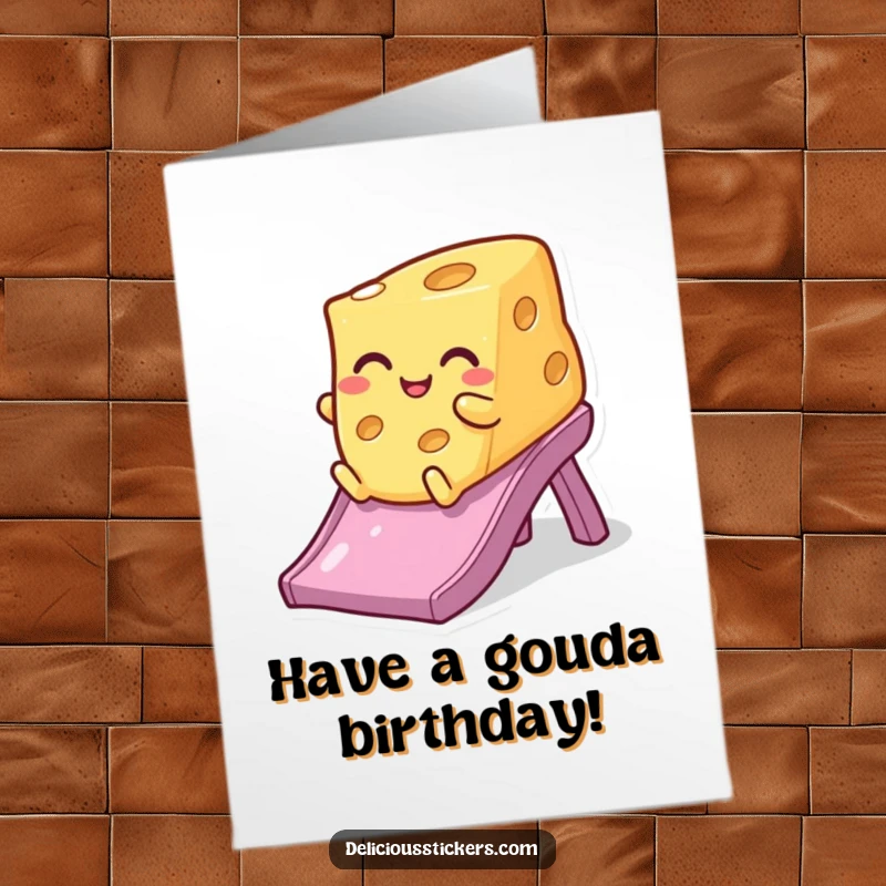 Funny free printable birthday card featuring a winking block of cheese gleefully sliding down a colorful slide, full of mischief.